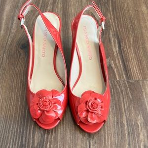 Poppy red peep toe wedges